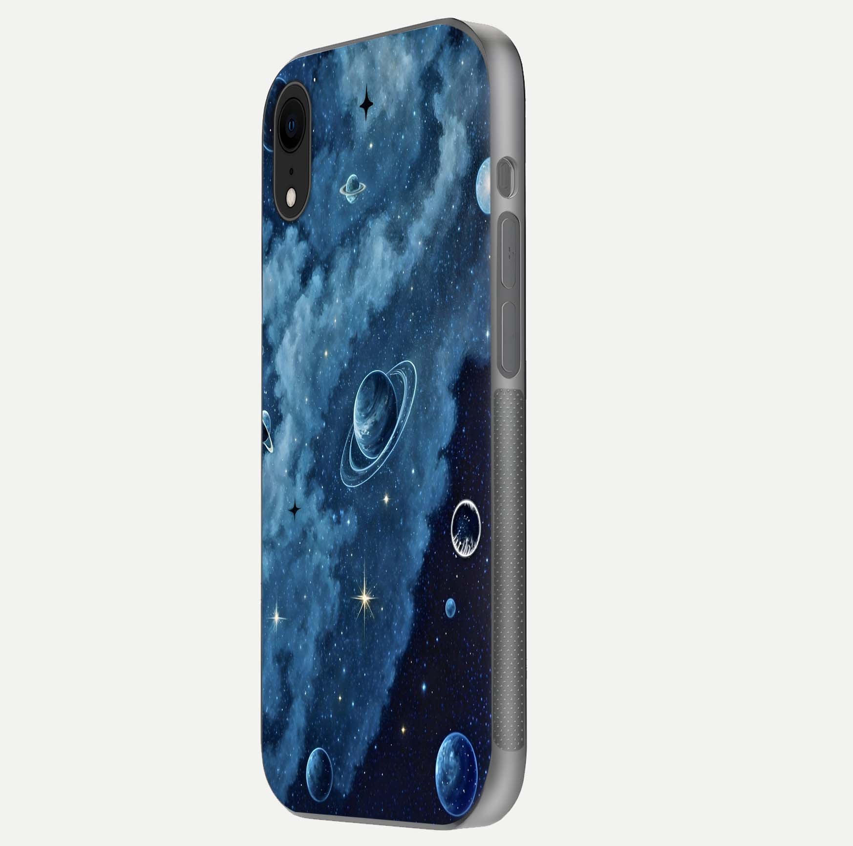 Galaxy Dream Space Glass Case for iPhone Xr side-angle image capturing reflection clarity and galactic texture