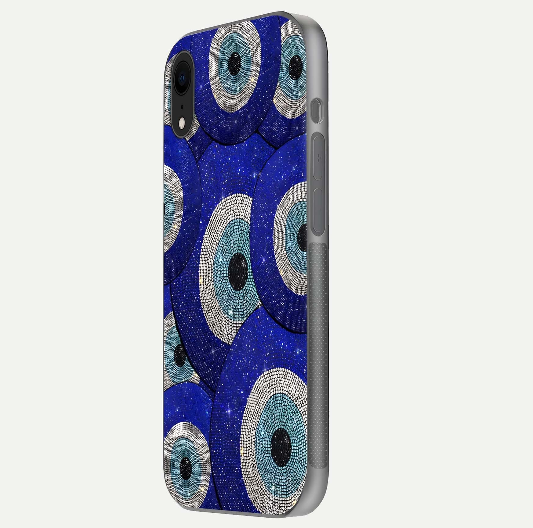 Galaxy Eye Flow Glass Case for iPhone Xr side-angle image showing reflection detail and premium shine