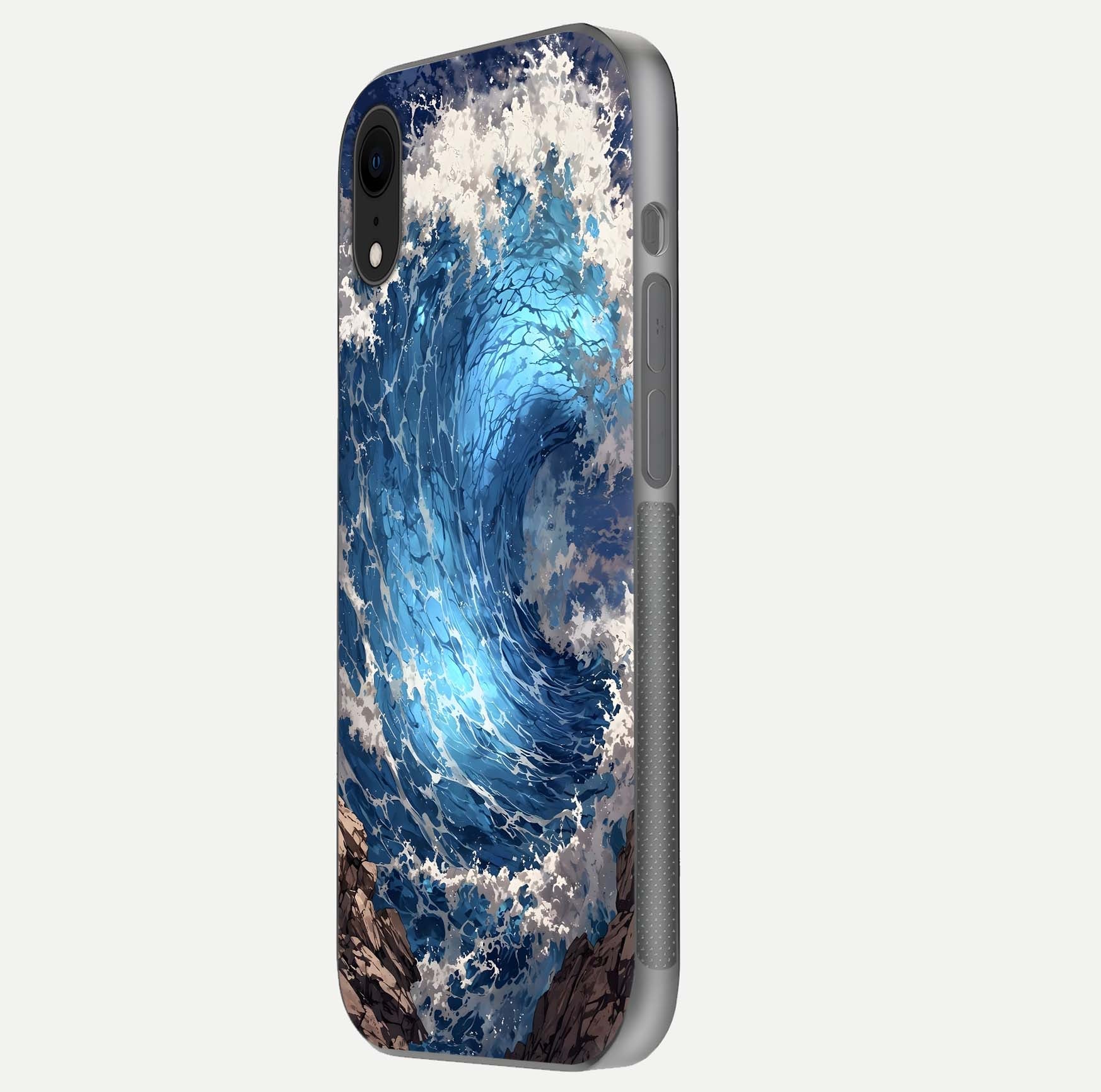 Giant Ocean Wave Glass Case for iPhone Xr side-angle image showing light reflection and ocean detail