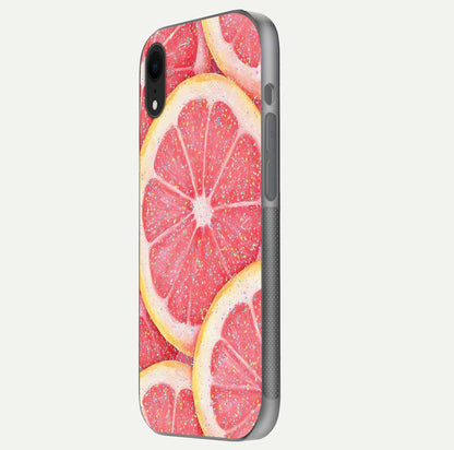 Glitter Grapefruit Glass Case for iPhone Xr side-angle image showing reflection glow and polished edges
