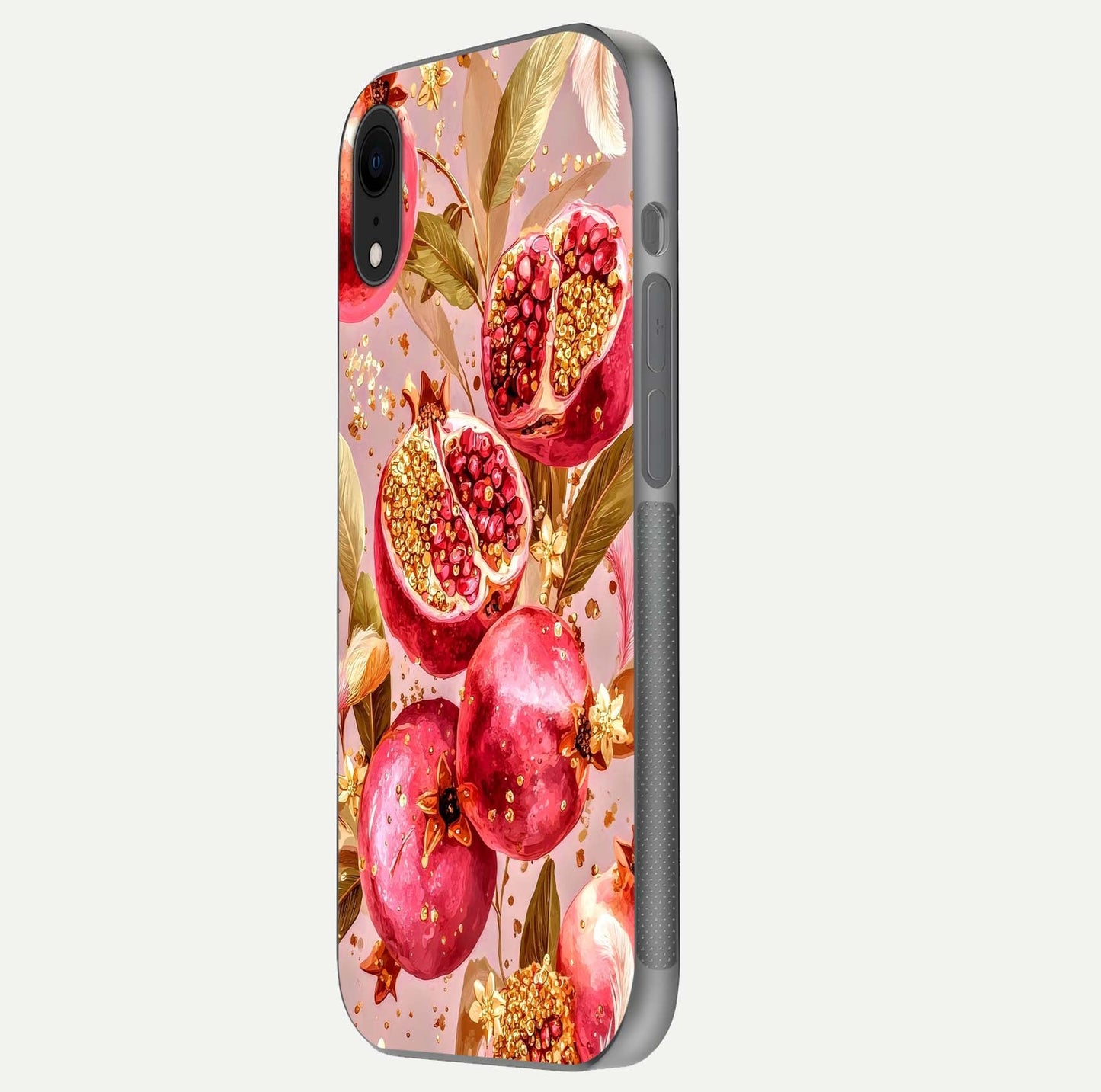 Golden Bloom Glow Glass Case for iPhone Xr side-angle image showing light reflection, gloss texture, and rich tone
