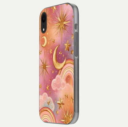 Golden Celestial Dreams Glass Case for iPhone Xr side-angle image capturing reflection brightness and starry detail
