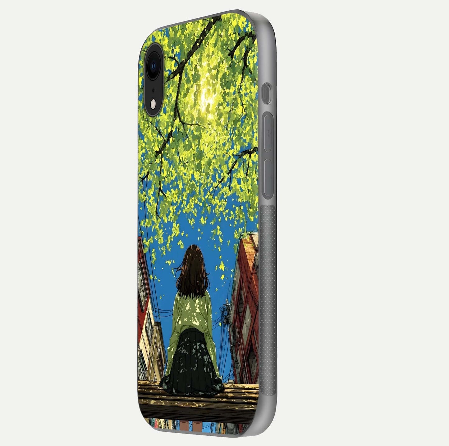 Golden Leaves Glow Glass Case for iPhone Xr side-angle image showing reflection polish and elegant pattern
