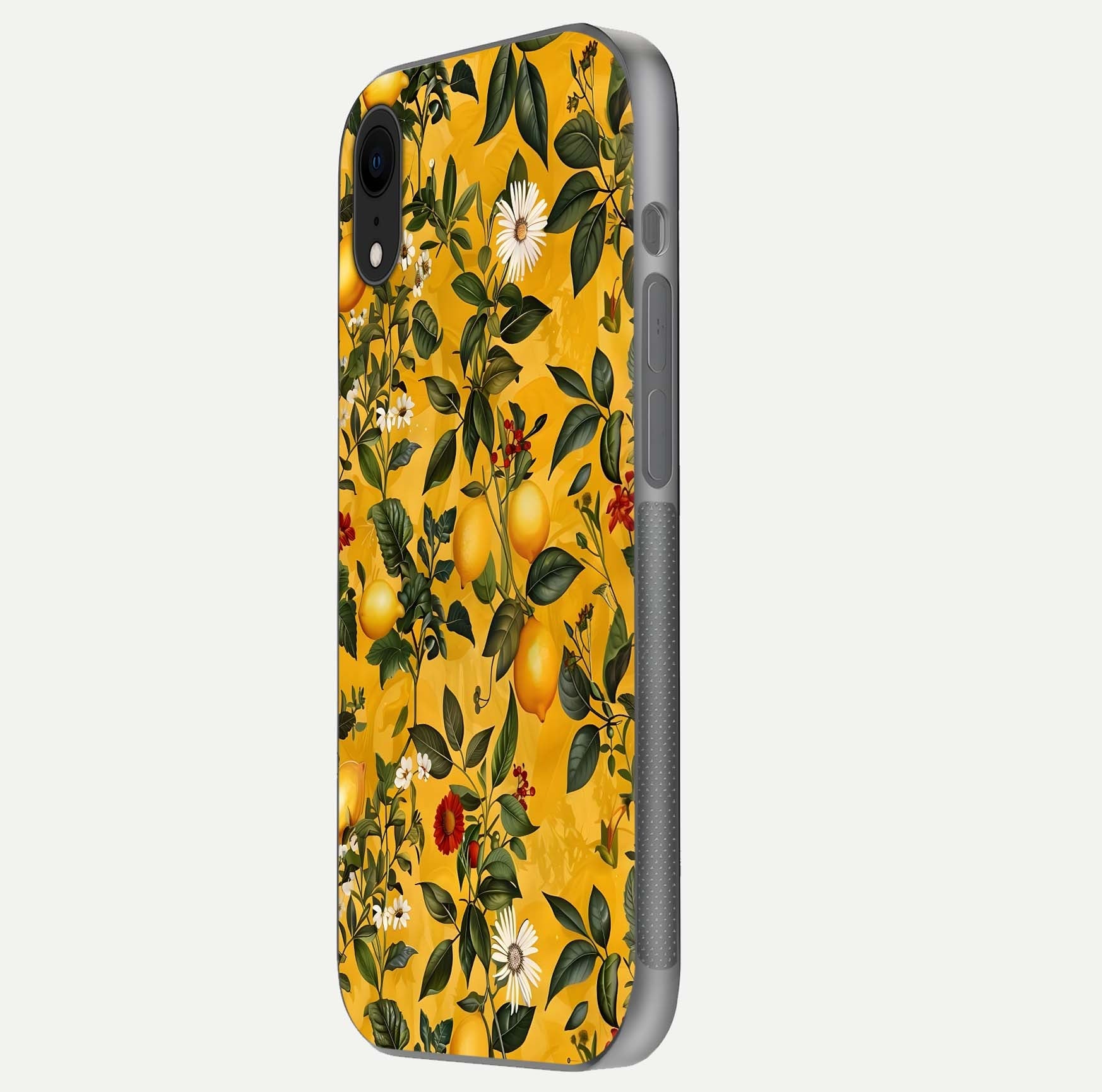 Golden Lemon Field Glass Case for iPhone Xr side-angle image showing reflection clarity and juicy color tone