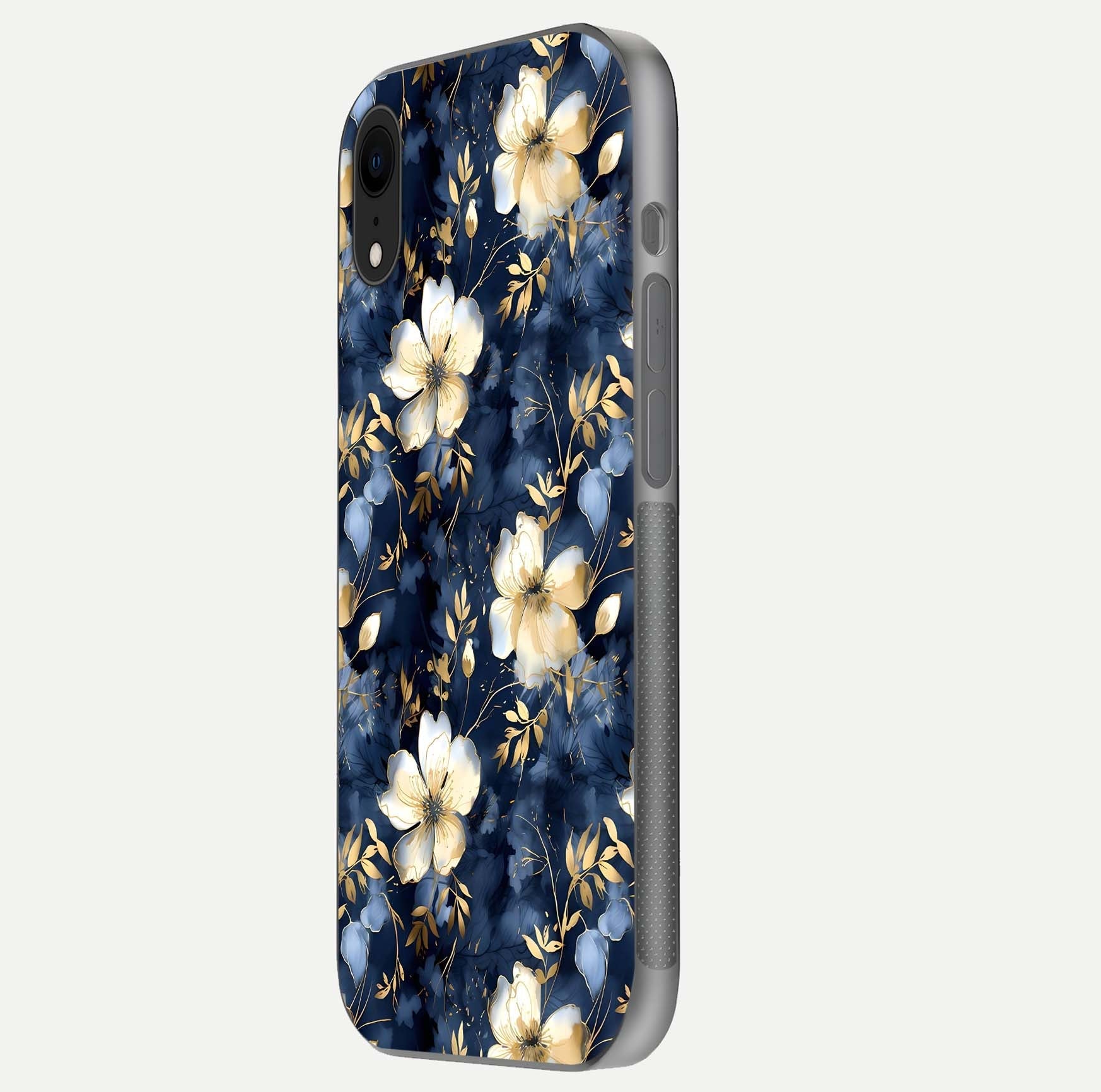 Golden Midnight Bloom Glass Case for iPhone Xr side-angle image showing shine depth and elegant edge design