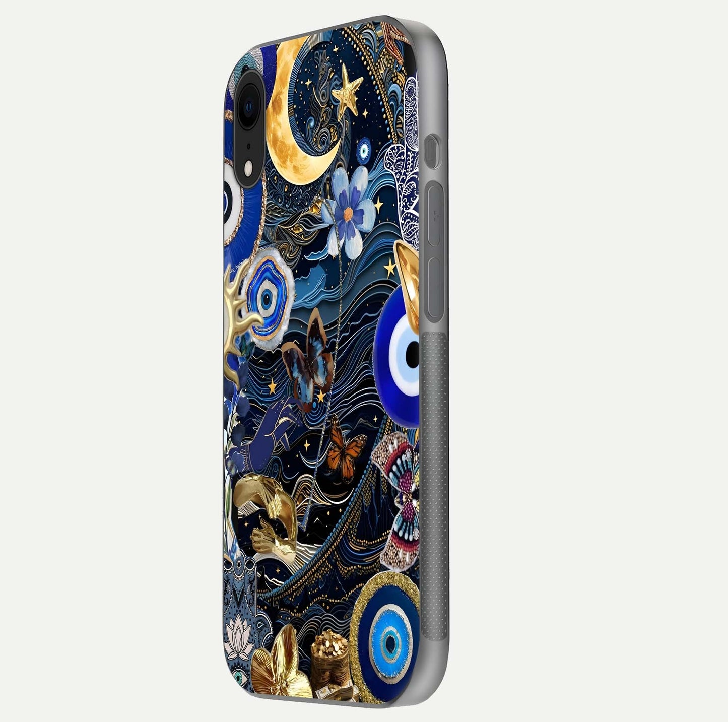 Golden Moon Magic Glass Case for iPhone Xr side-angle image showing reflection glow, curved polish, and moon detail