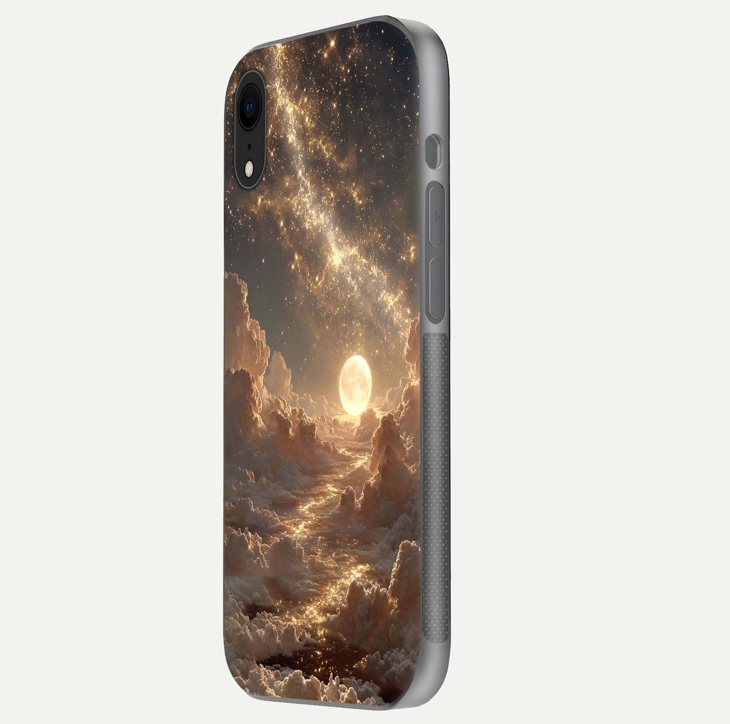 Golden Sky Dream Glass Case for iPhone Xr side-angle image showing reflection shine and smooth surface