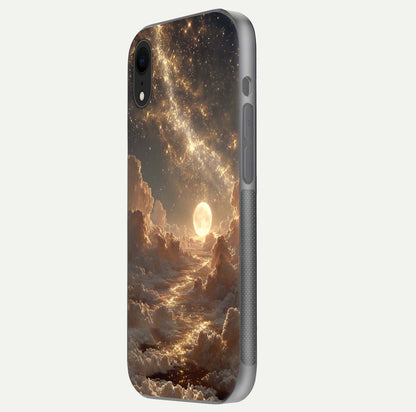 Golden Sky Dream Glass Case for iPhone Xr side-angle image showing reflection shine and smooth surface