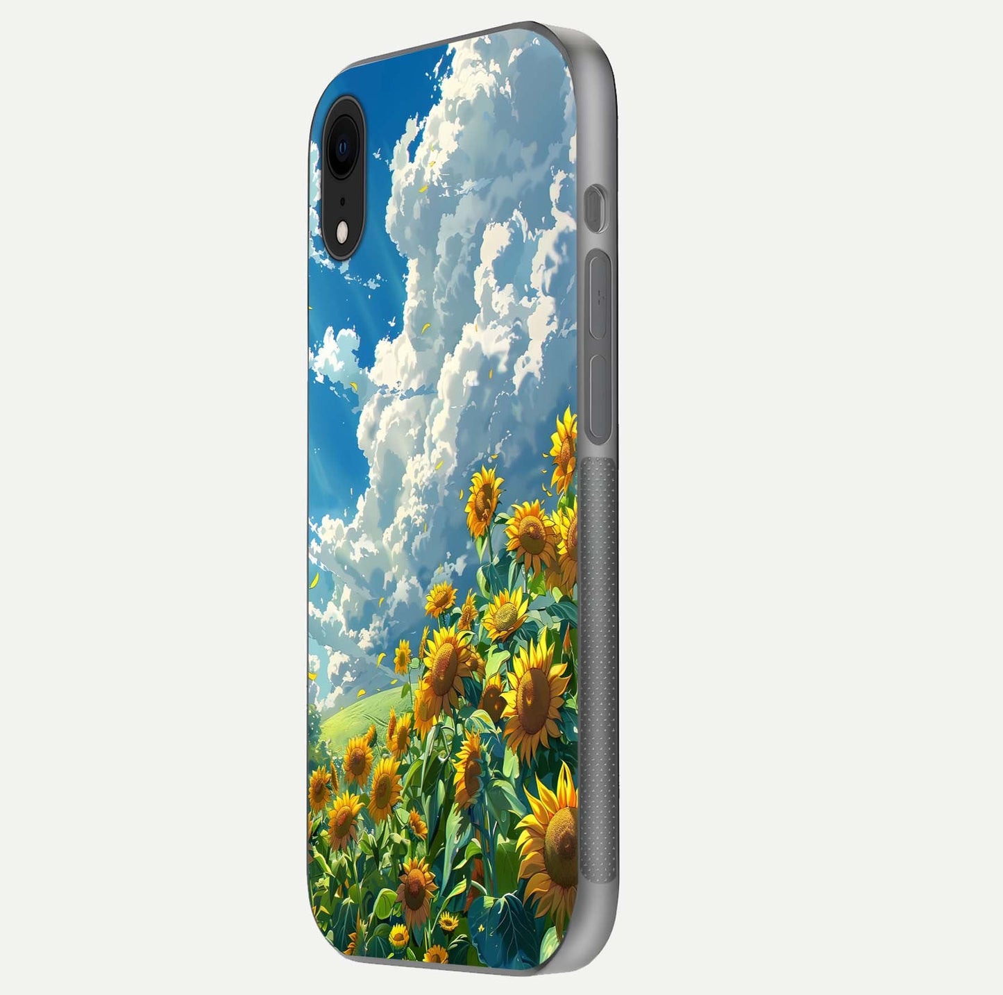 Golden Sun Glory Glass Case for iPhone Xr side-angle image showing reflection glow and luminous texture