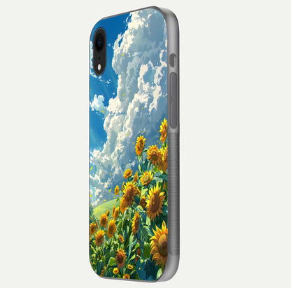 Golden Sun Glory Glass Case for iPhone Xr side-angle image showing reflection glow and luminous texture