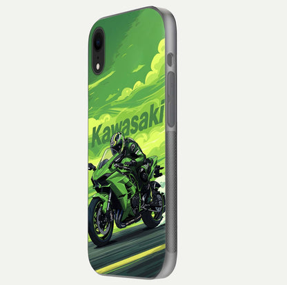 Green Kawasaki Glass Case for iPhone Xr side-angle image showing reflection depth and metallic green accent