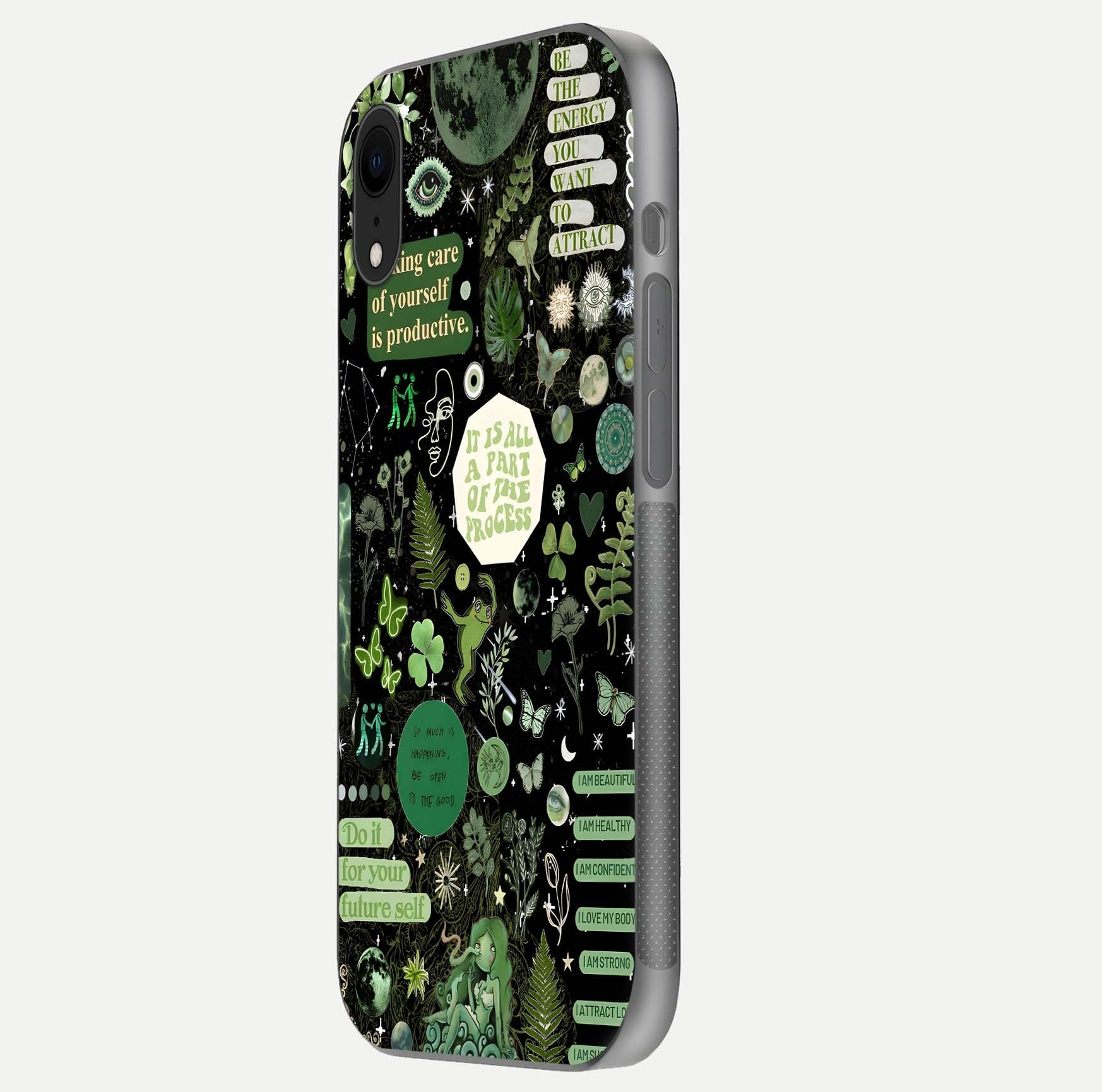 Green Moon Energy Glass Case for iPhone Xr side-angle image showing reflection brilliance and curved finish