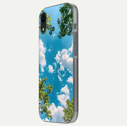 Greenery Sky Glass Case for iPhone Xr side-angle image showing reflection glow and nature-themed pattern
