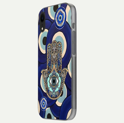 Hamsa Divine Guard Glass Case for iPhone Xr side-angle image showing reflection brilliance and protective design