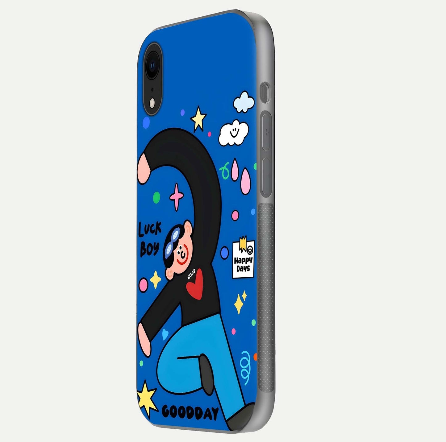 Happy Luck Vibe Glass Case for iPhone Xr side-angle image showing reflection polish and vivid charm design