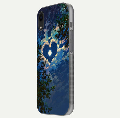 Heart with Moon Sky Glass Case for iPhone Xr side-angle image showing reflection brightness and soft tone finish
