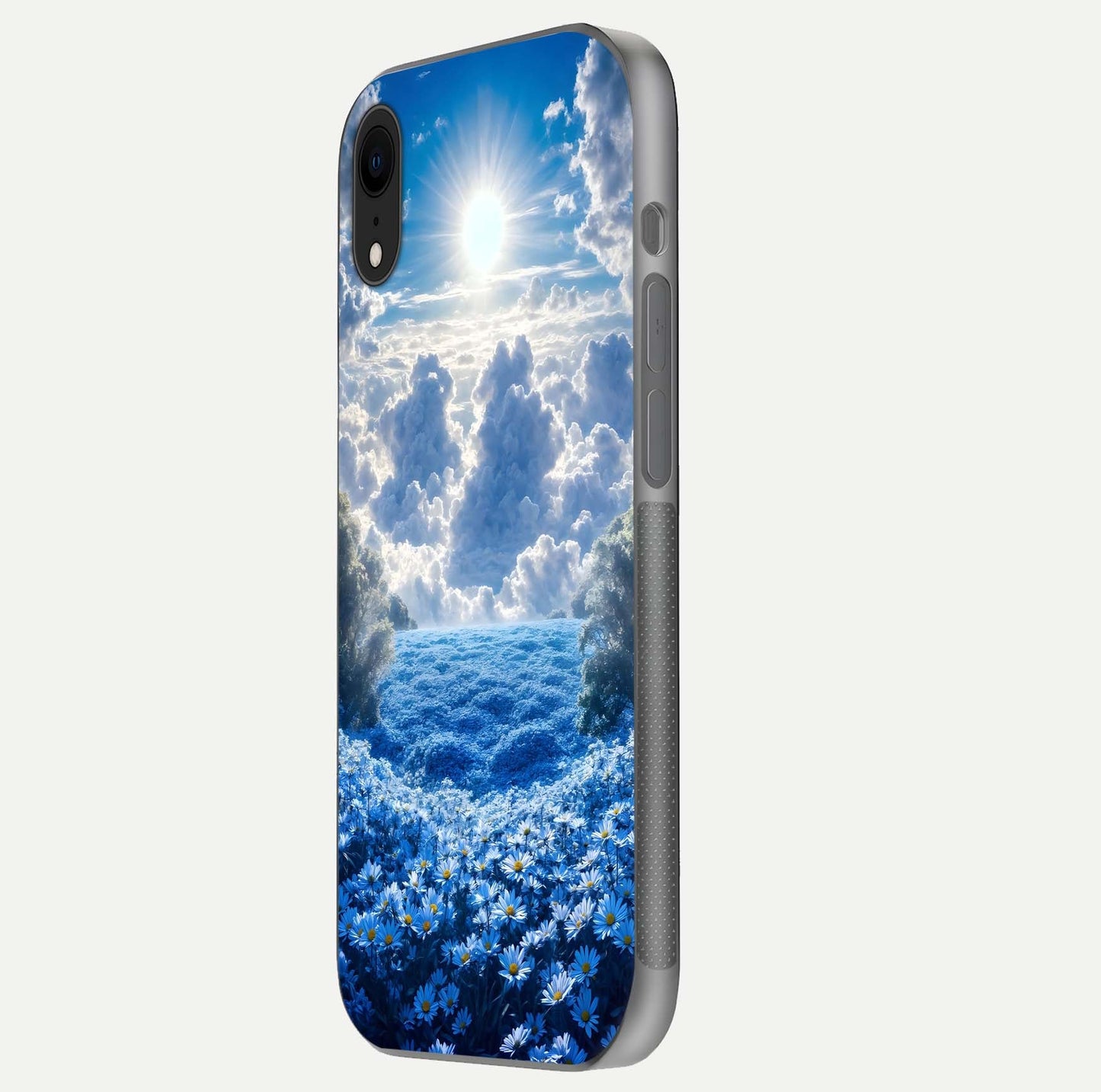 Heavenly Daisy Horizon Glass Case for iPhone Xr side-angle image showing reflection depth and floral glow