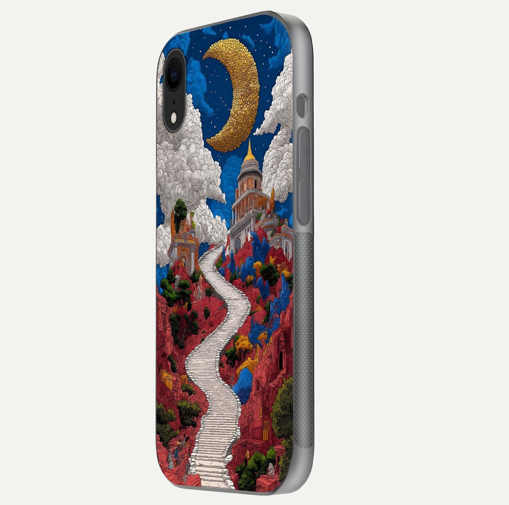 Heavenly Moon Path Glass Case for iPhone Xr side-angle image showing reflection clarity and serene moon glow
