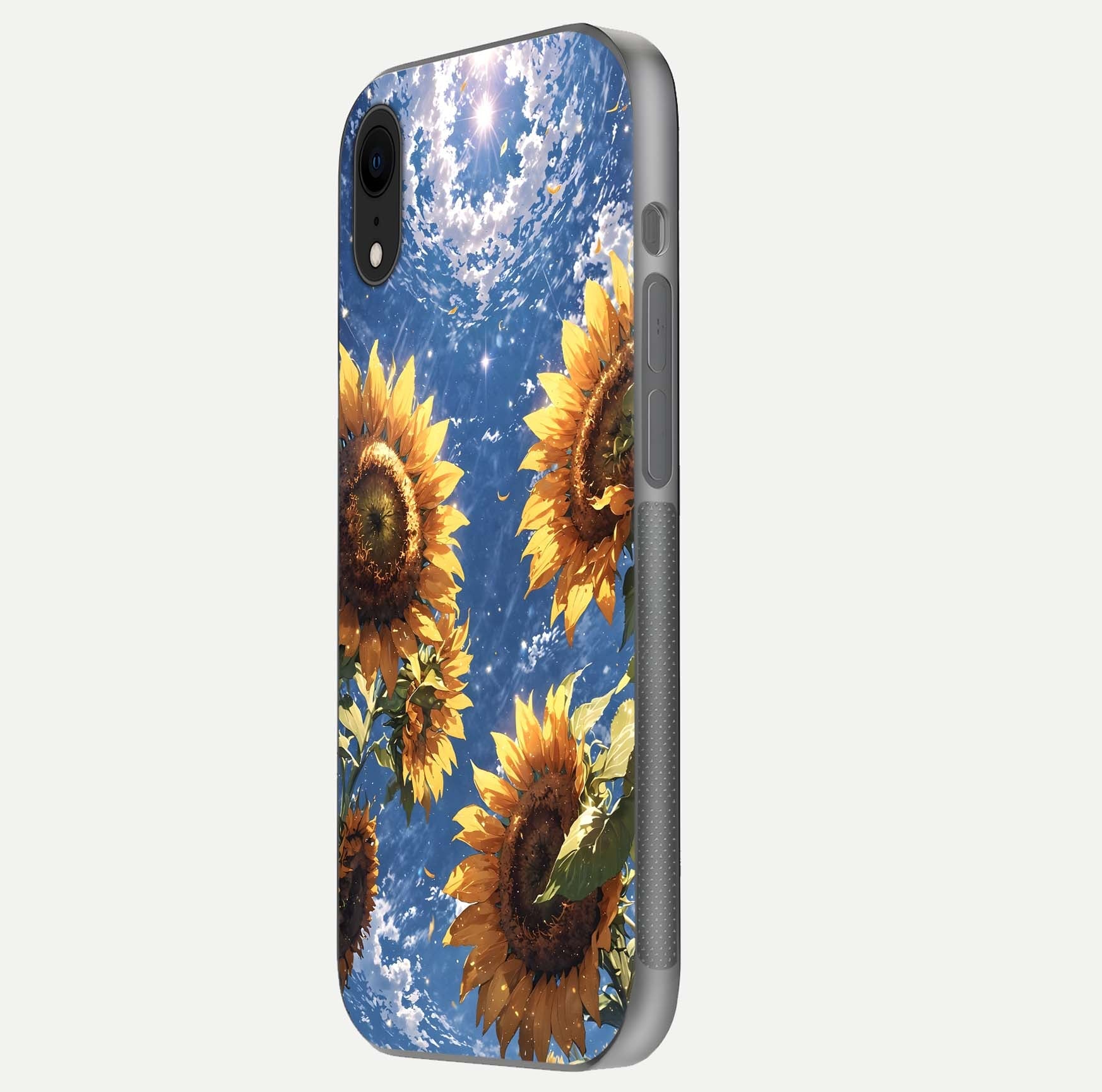 Heavenly Sunflower Rise Glass Case for iPhone Xr side-angle image showing reflection glow and soft yellow tone