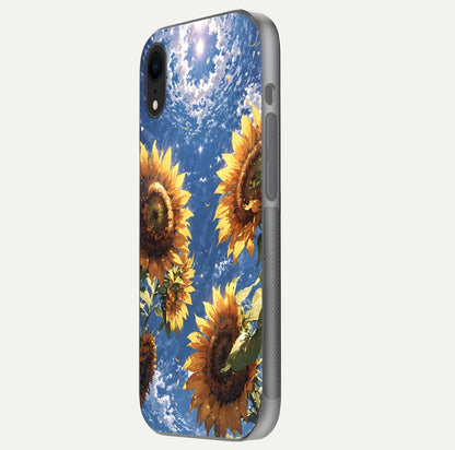 Heavenly Sunflower Rise Glass Case for iPhone Xr side-angle image showing reflection glow and soft yellow tone