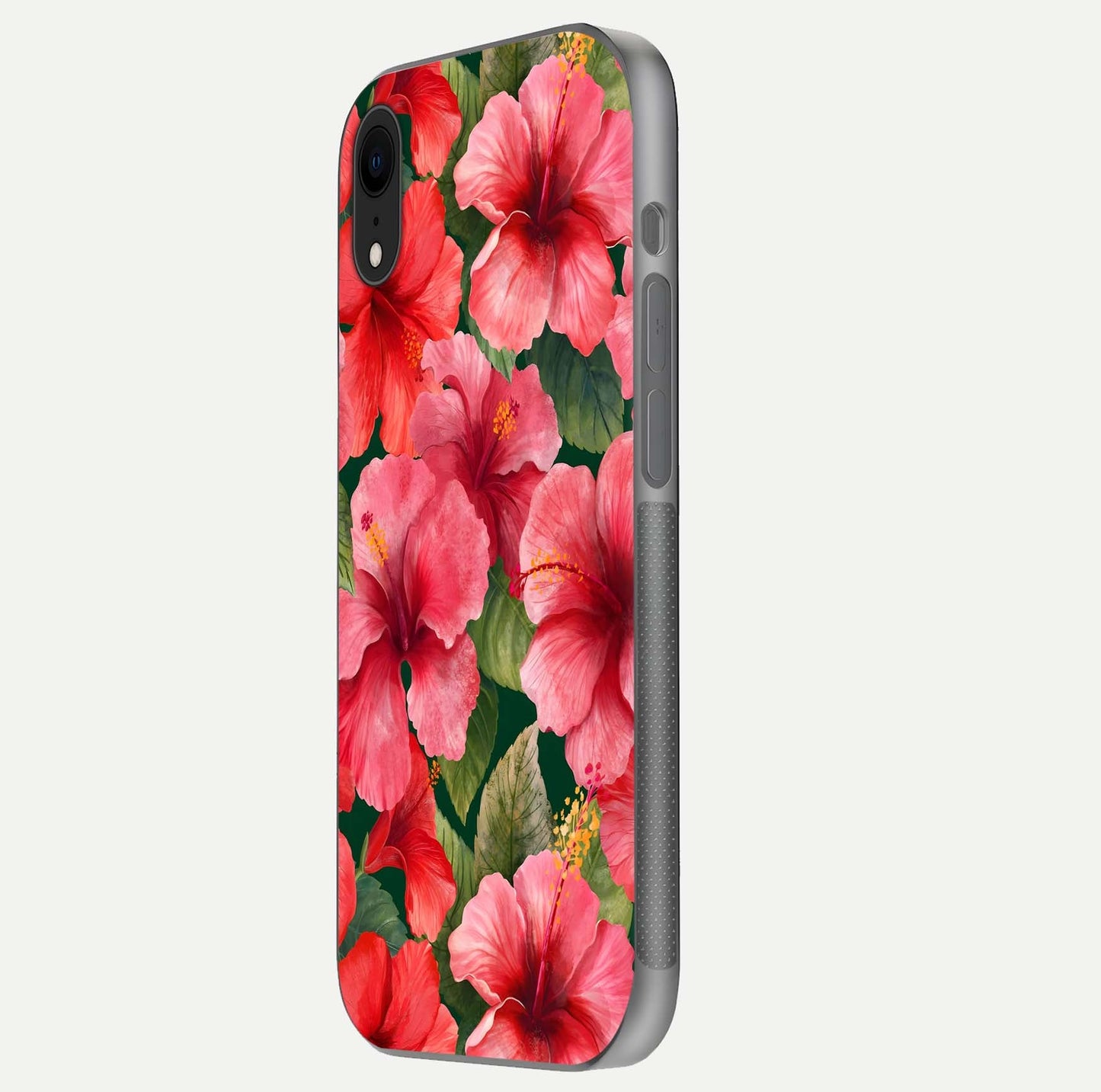 Hibiscus Pattern Glass Case for iPhone Xr side-angle image showing reflection brightness and floral detailing
