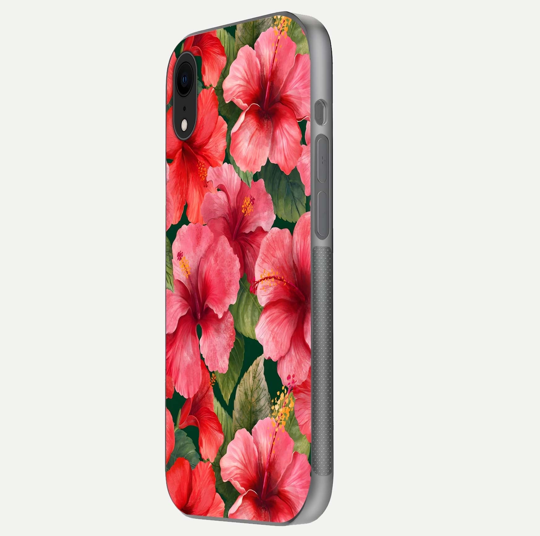 Hibiscus Pattern Glass Case for iPhone Xr side-angle image showing reflection brightness and floral detailing