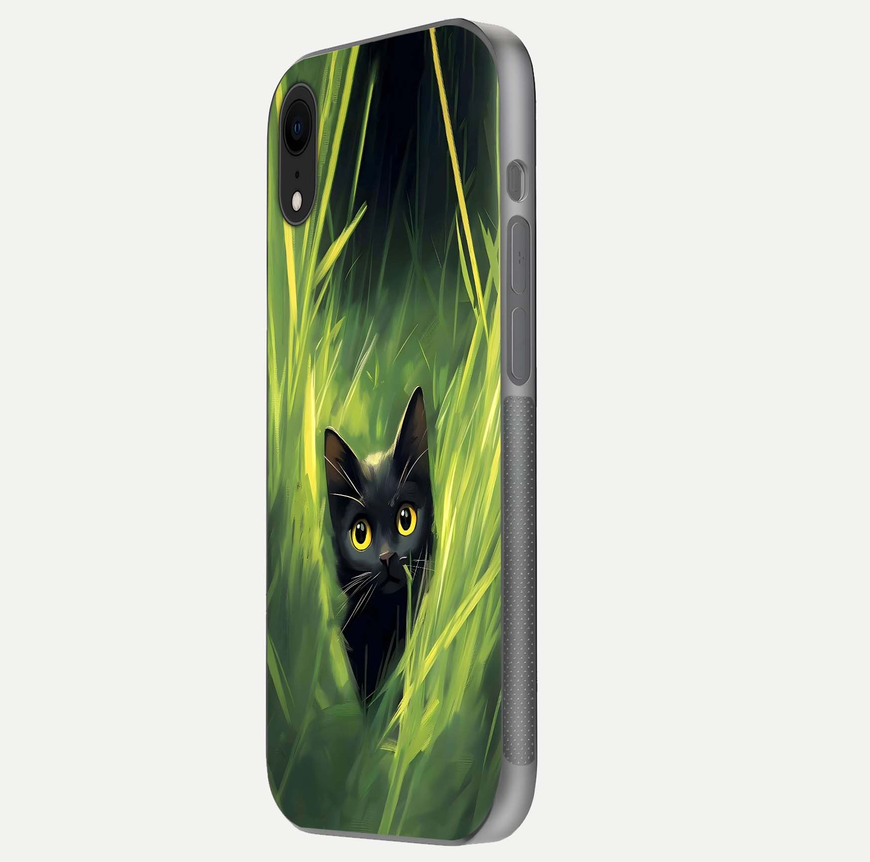 Hidden Cat Whisper Glass Case for iPhone Xr side-angle image showing reflection glow and subtle artistic texture