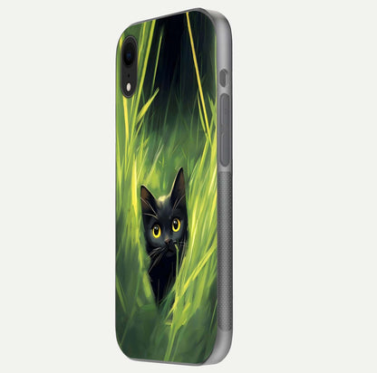 Hidden Cat Whisper Glass Case for iPhone Xr side-angle image showing reflection glow and subtle artistic texture