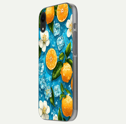 Ice Cube With Orange Glass Case for iPhone Xr side-angle image showing reflection brightness and juicy pattern detail