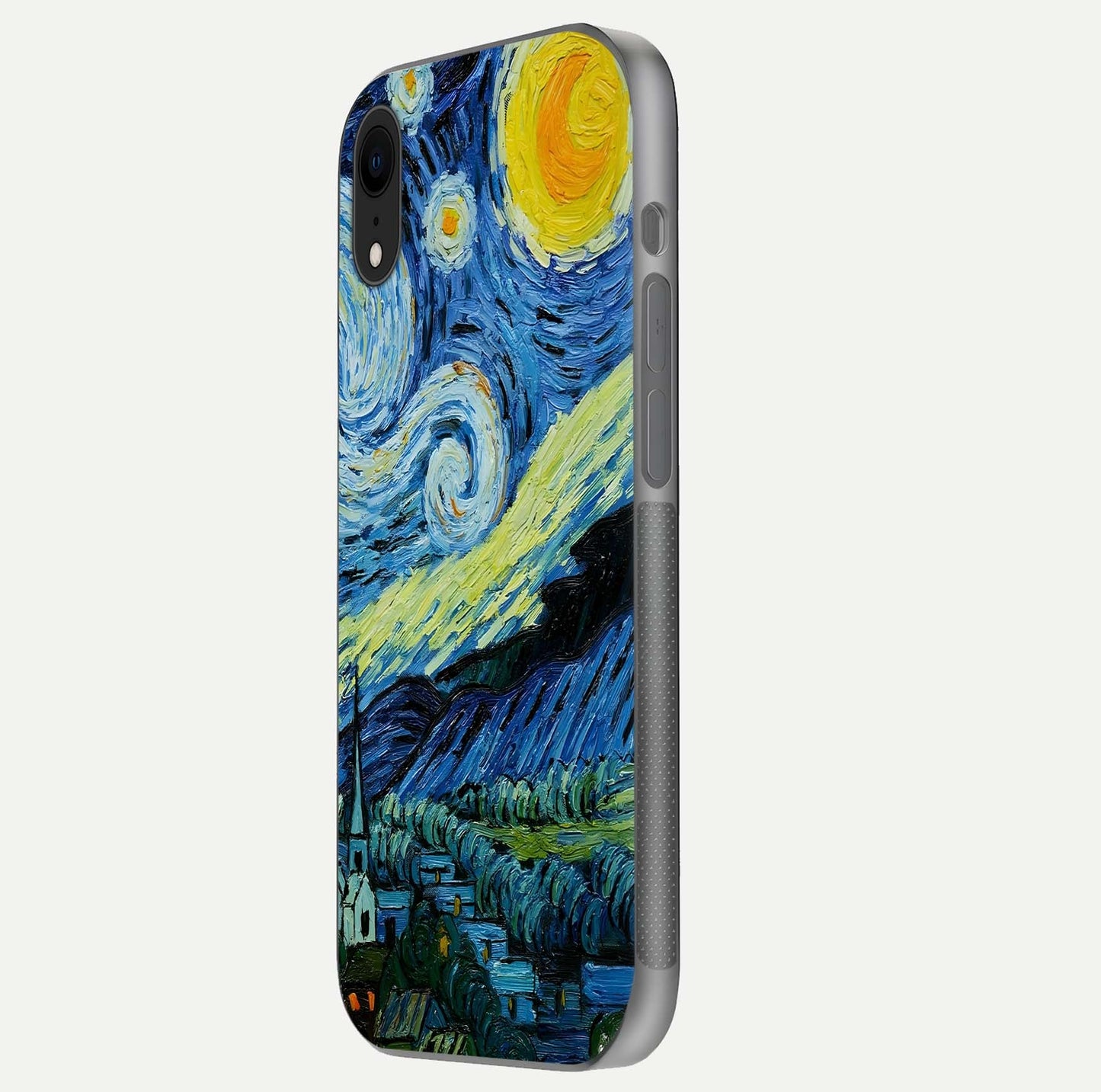 Inspired Van Gogh Art Glass Case for iPhone Xr side-angle image showing reflection brilliance and painted surface look