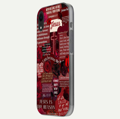 Jesus Love Heals Glass Case for iPhone Xr side-angle image highlighting gloss depth and spiritual aura