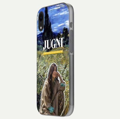 Jugni Soul Vibes Glass Case for iPhone Xr side-angle image with stylish typography and HD finish