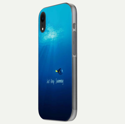 Just Keep Swimming Glass Case for iPhone Xr side-angle image highlighting reflective surface and positive quote