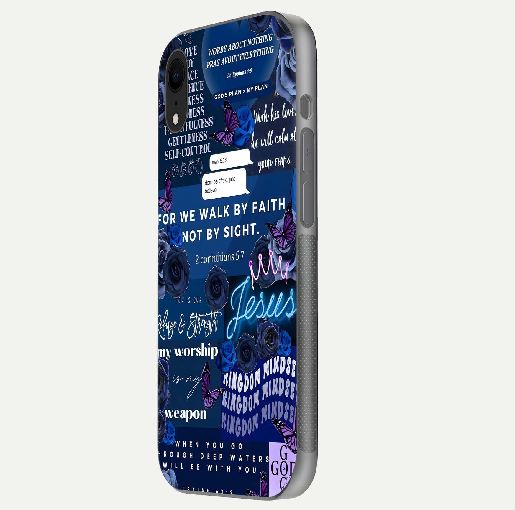 Kingdom Faith Glow Glass Case for iPhone Xr side-angle image with reflective cross and faith glow