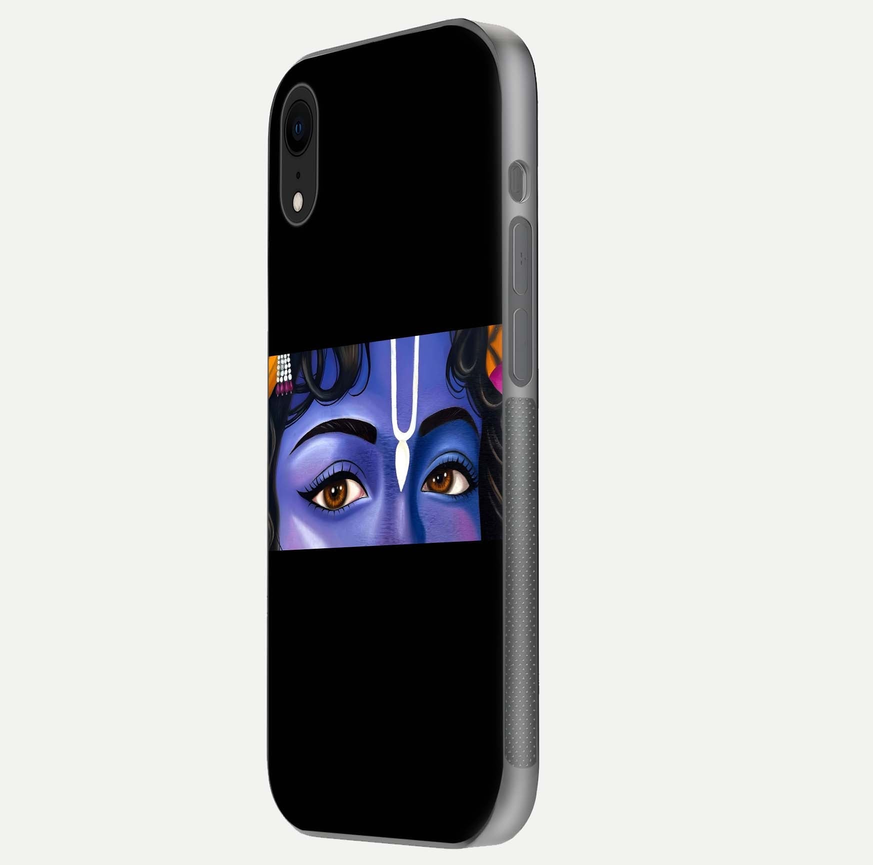 Krishna Eye Glass Case for iPhone Xr side-angle image showing reflection clarity and Krishna symbol design