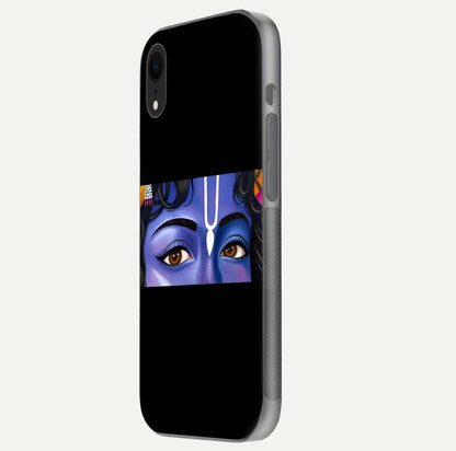Krishna Eye Glass Case for iPhone Xr side-angle image showing reflection clarity and Krishna symbol design