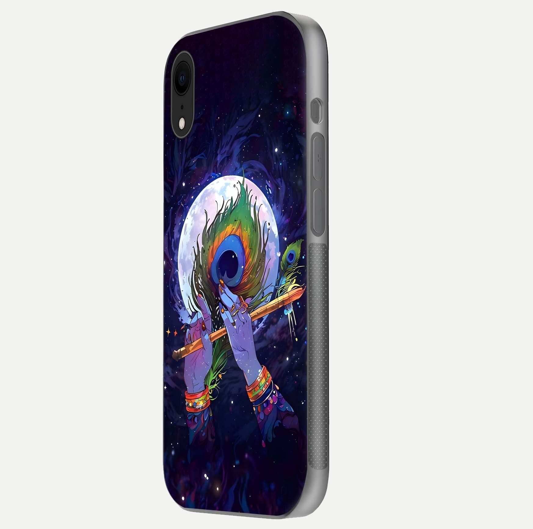 Krishna Hands Art Glass Case for iPhone Xr side-angle image highlighting reflection brightness and vivid print