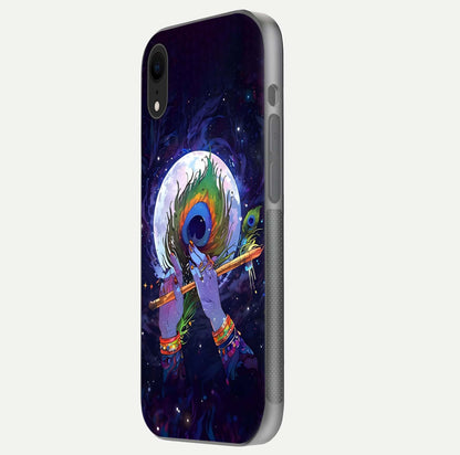 Krishna Hands Art Glass Case for iPhone Xr side-angle image highlighting reflection brightness and vivid print