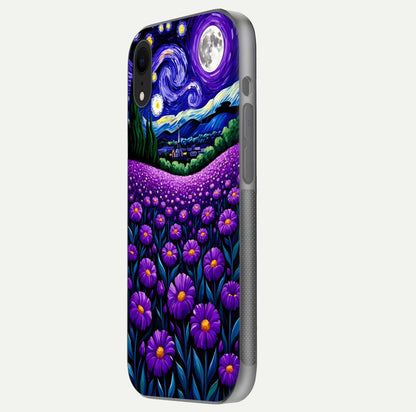 Lavender Moon Field Glass Case for iPhone Xr side-angle image showing HD reflection and moonlit lavender art