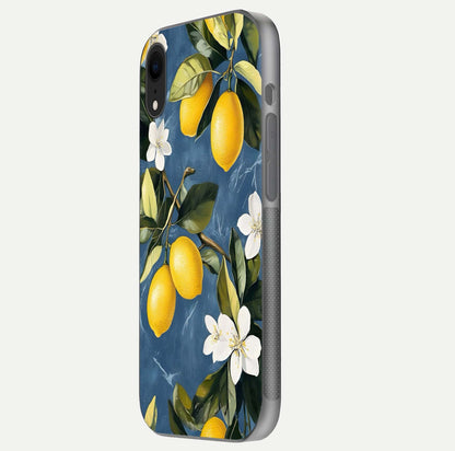 Lemon Dream Garden Glass Case for iPhone Xr side-angle image showing reflection clarity and artistic fruit design