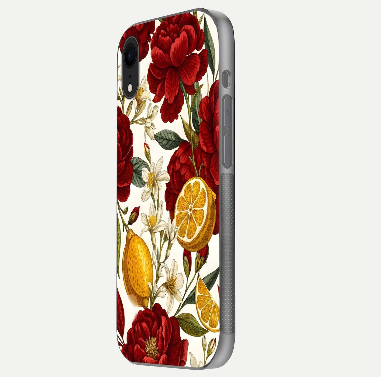 Lemon Rose Charm Glass Case for iPhone Xr side-angle image revealing reflection depth and vibrant flower art