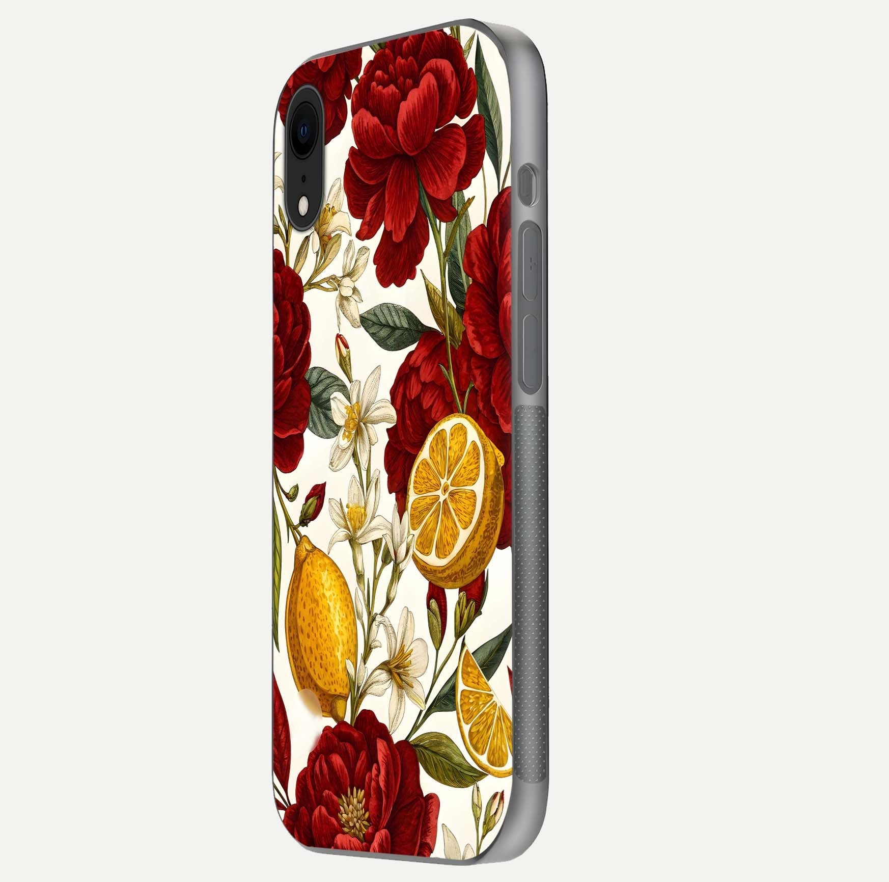 Lemon Rose Charm Glass Case for iPhone Xr side-angle image revealing reflection depth and vibrant flower art