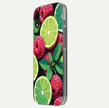 Lime and Raspberry Pattern Glass Case for iPhone Xr side-angle view revealing colorful fruit artwork details