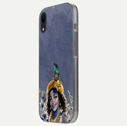 Lord Krishna Glass Case for iPhone Xr side-angle image emphasizing premium reflection and sacred motif