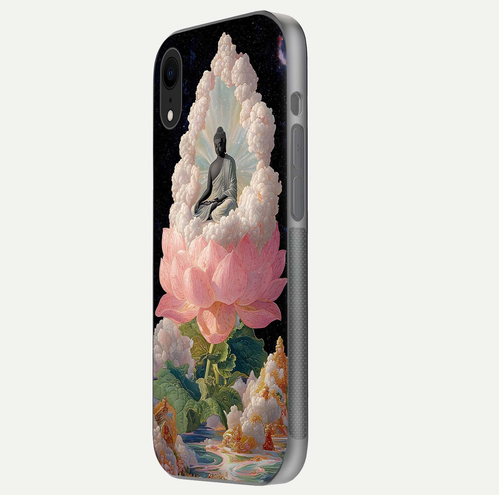 Lotus Divine Peace Glass Case for iPhone Xr side-angle shot showing elegant shine and floral symmetry