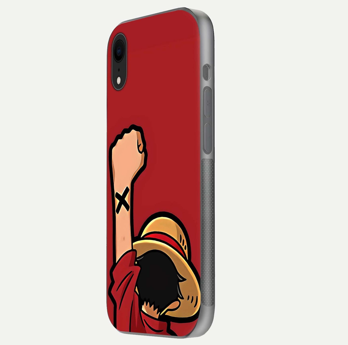 Luffy X Spirit Glass Case for iPhone Xr side-angle image highlighting reflection strength and anime print