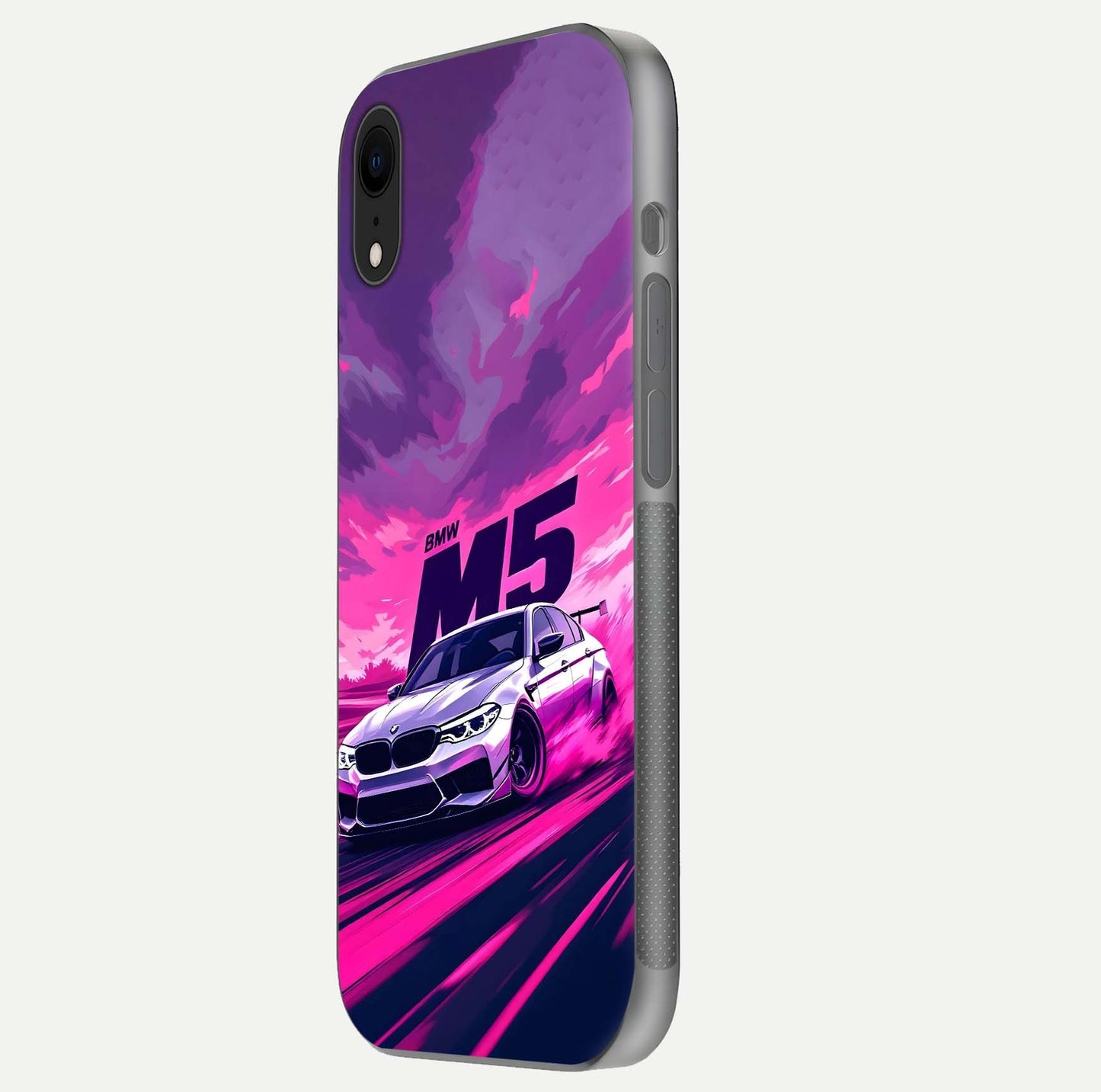 MS Neon Car Glass Case for iPhone Xr side-angle image showing glow reflection and car detailing