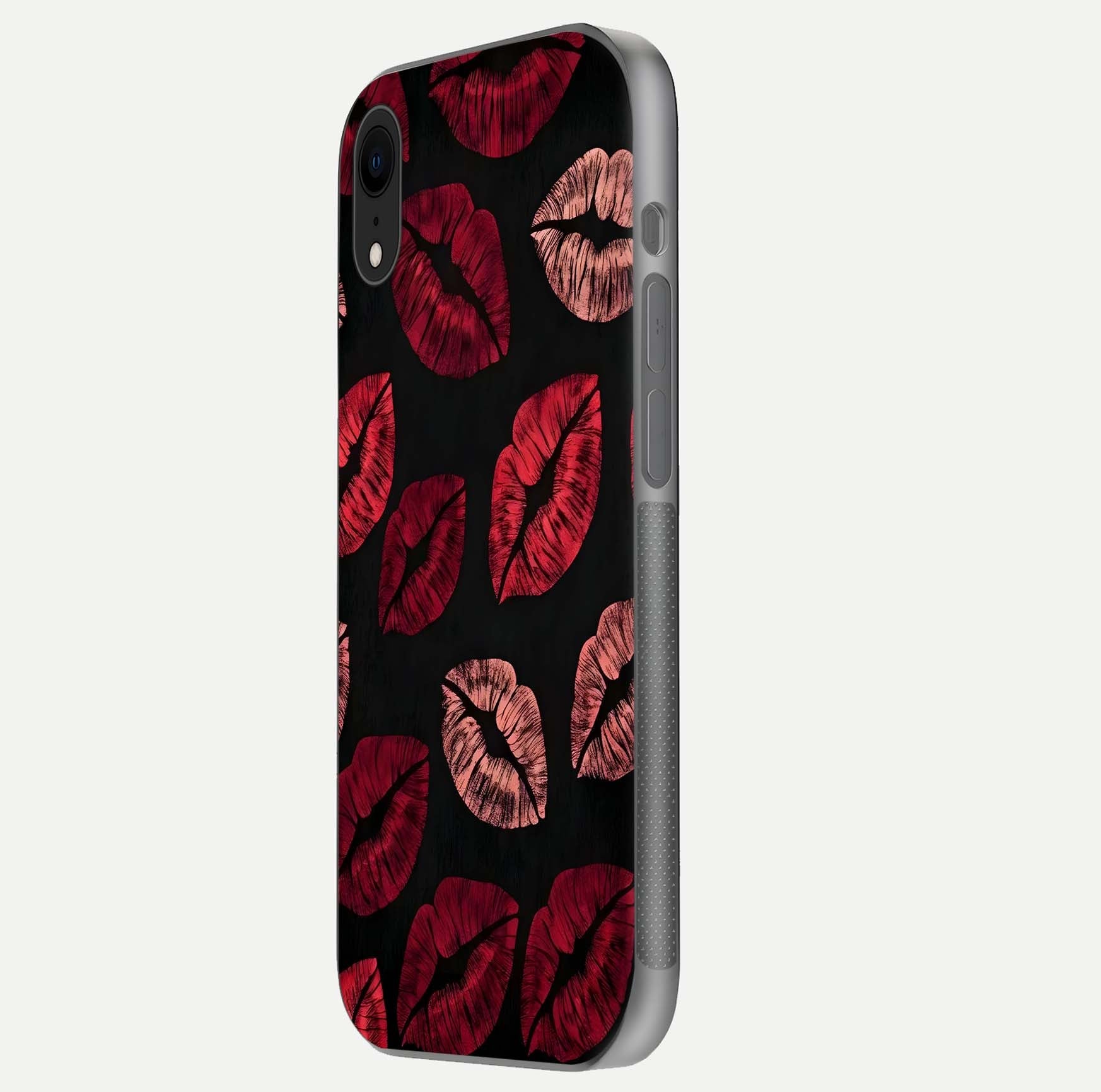 Midnight Kiss Love Glass Case for iPhone Xr side-angle image revealing gloss texture and deep love motif