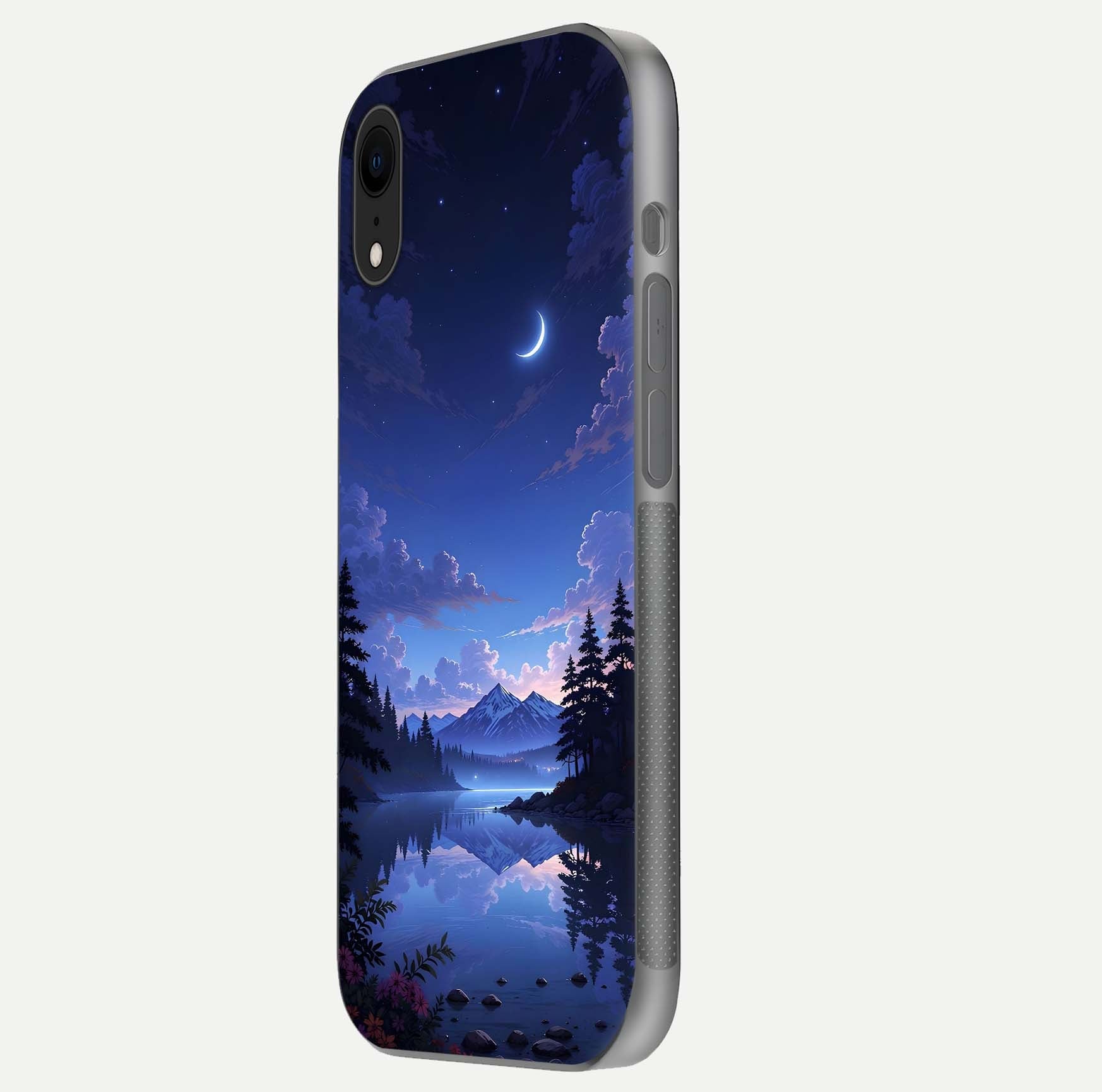 Midnight Lake Peace Glass Case for iPhone Xr side-angle image showing HD shine and tranquil color tones