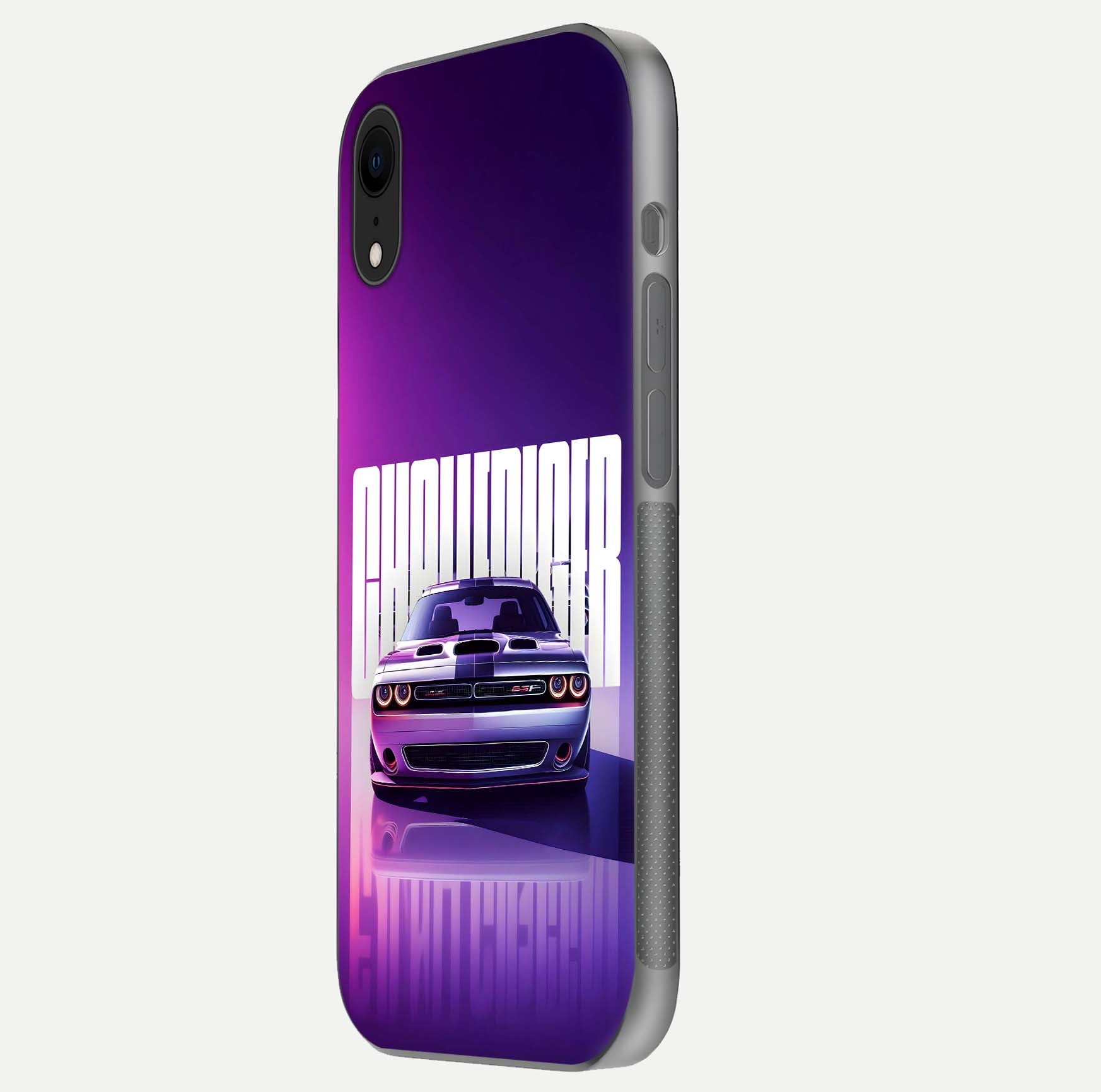 Midnight Muscle Ride Glass Case for iPhone Xr side-angle image showing reflection clarity and bold design
